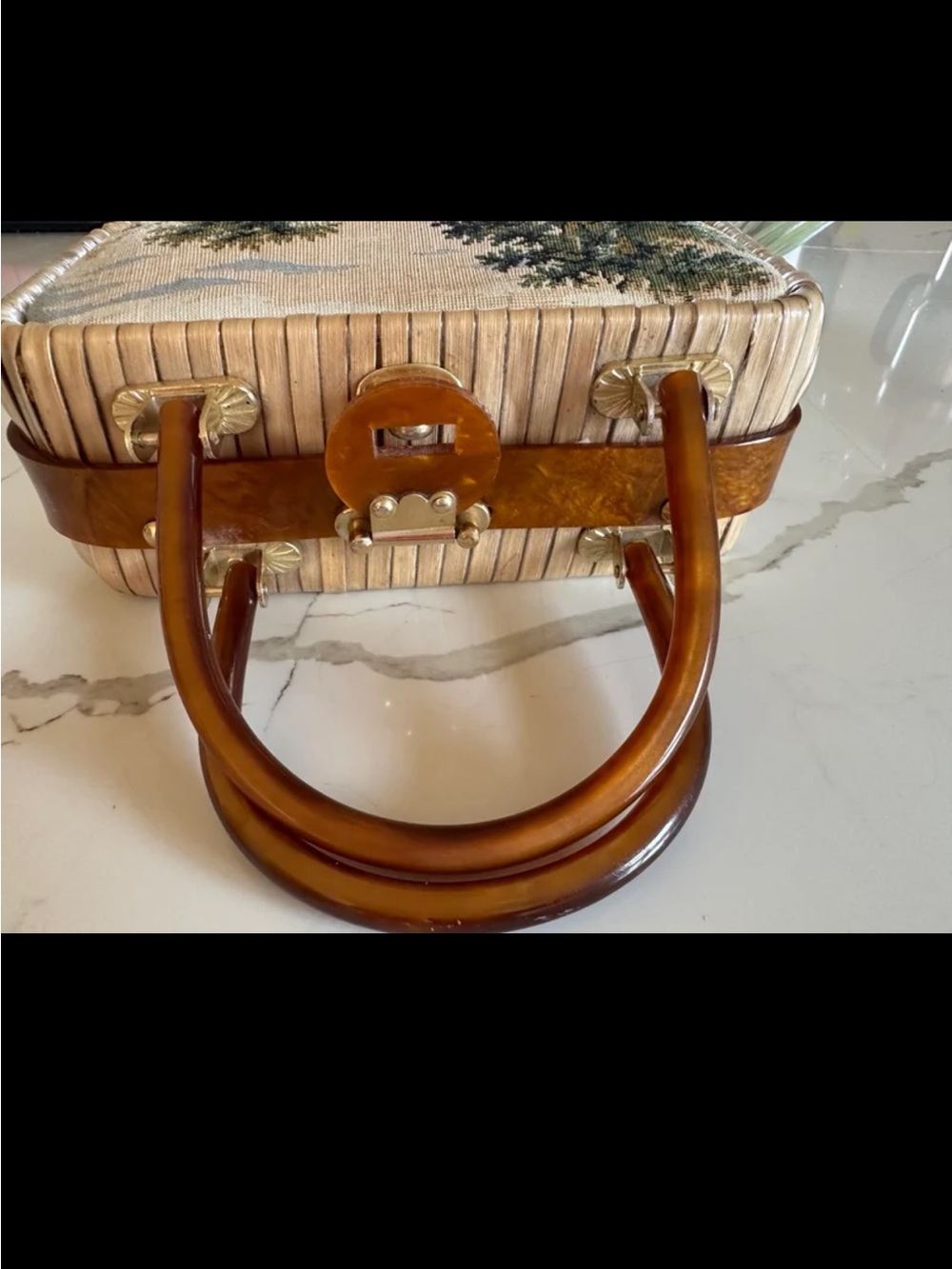 Vintage Tapestry Box Handbag with Amber Handles - Picture 6 of 10
